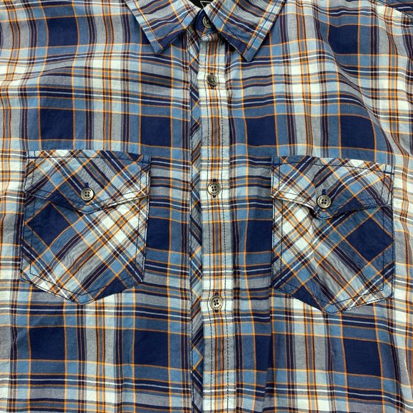 Guess Los Angeles Plaid Shirt Men Large L Blue Orange Casual Button Up Preppy - Picture 2 of 8